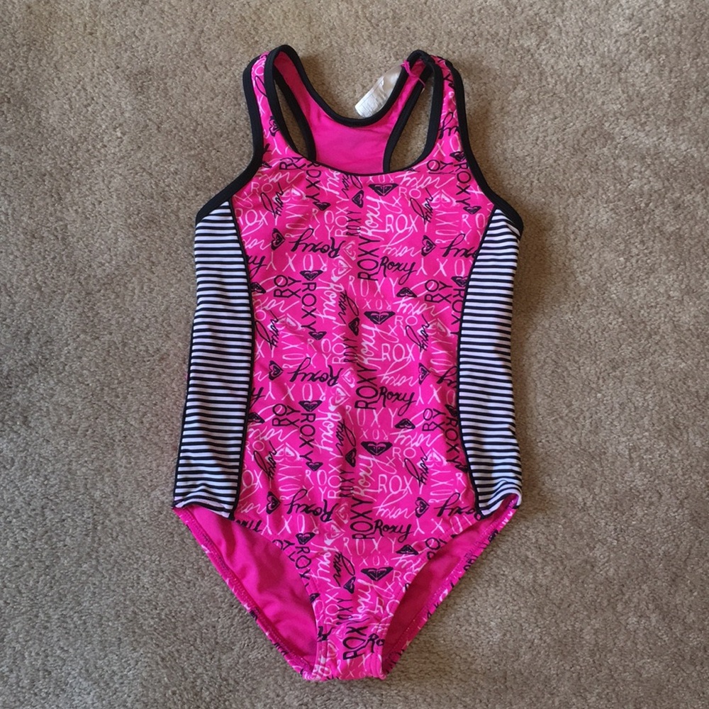 Roxy Pink Black 1 Piece Swimsuit Girls XL